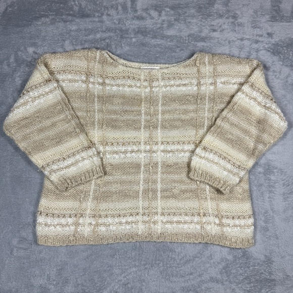 Beldoch Popper Sweaters - Vintage Beldoch Popper Sweater Women L Beige Cozy Textured Plaid Knit 80s
